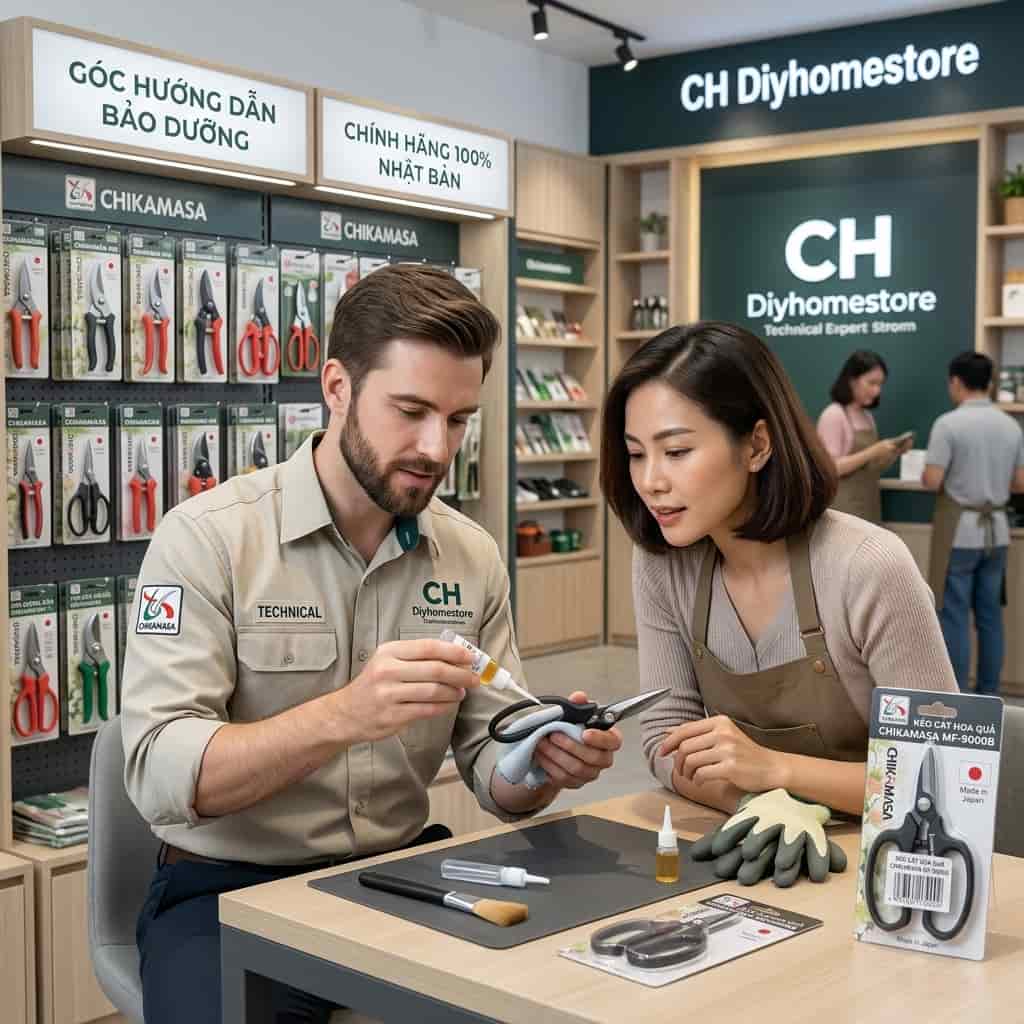Kỹ thuật viên hướng dẫn bảo dưỡng kéo cắt hoa Chikamasa chính hãng tại cửa hàng