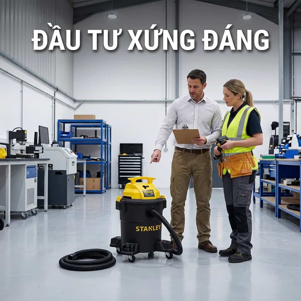 Khách hàng được kỹ thuật viên tư vấn và test tải thực tế máy hút bụi Stanley tại showroom