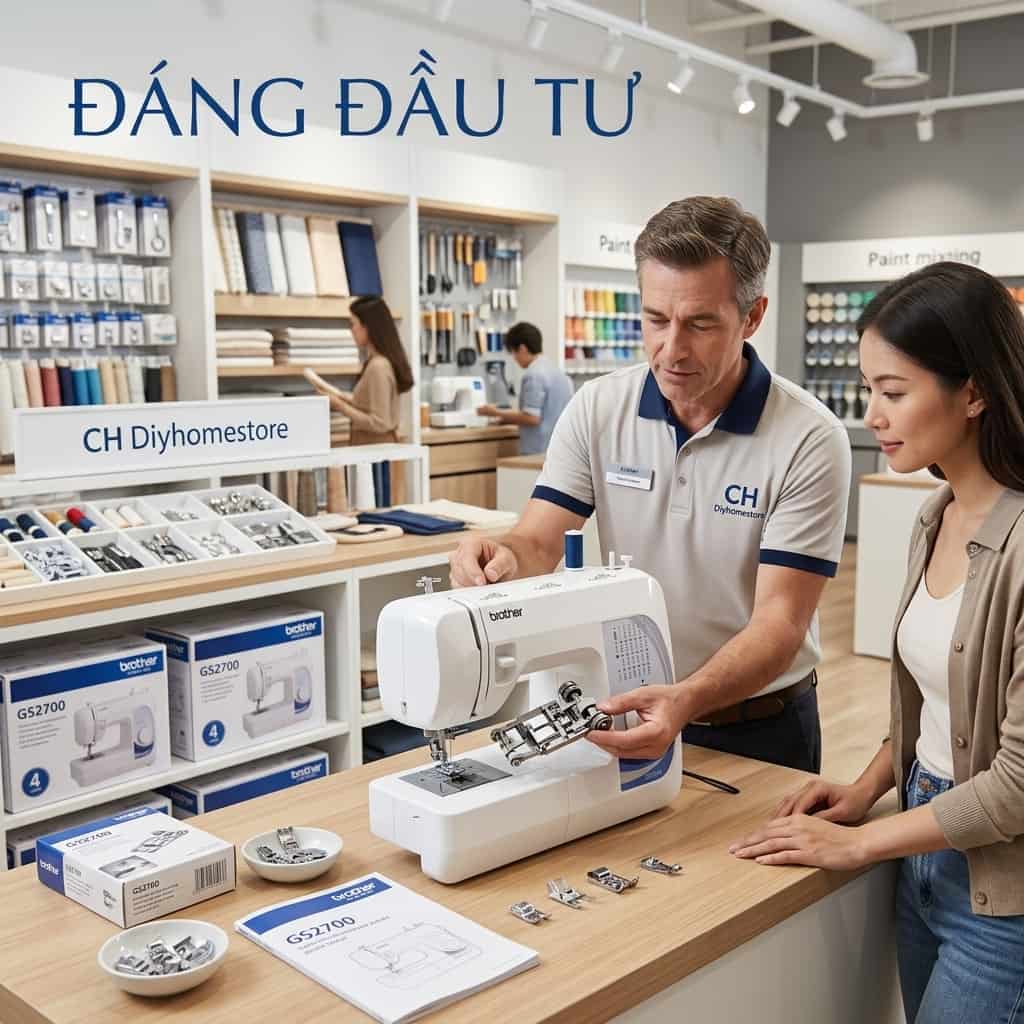 Khách hàng được tư vấn lựa chọn phụ kiện máy may chính hãng tại showroom chuyên nghiệp