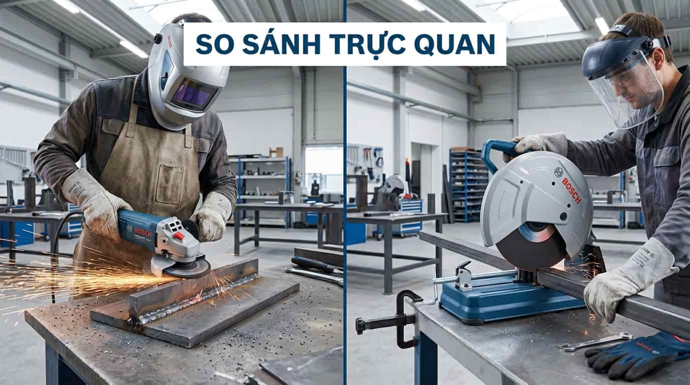 Hình ảnh trực quan về cấu tạo của máy mài góc và máy cắt sắt.