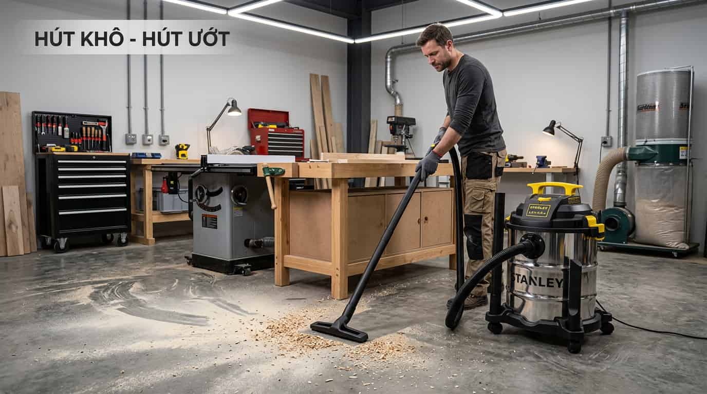 Máy Stanley SL1947-6AB hút bụi tại workshop.