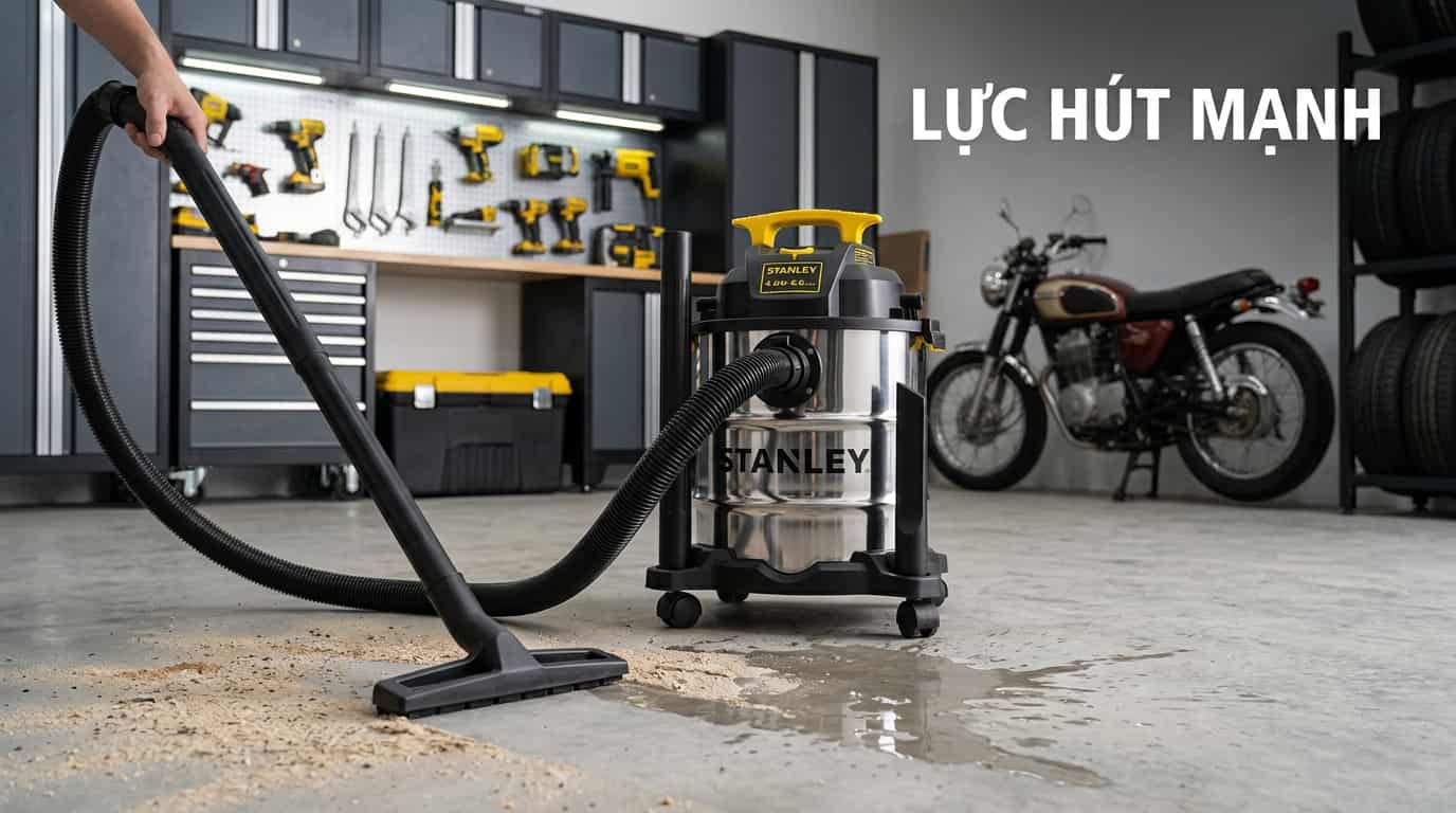 Máy hút bụi Stanley SL1947-6AB vệ sinh garage và khu vực sửa chữa.