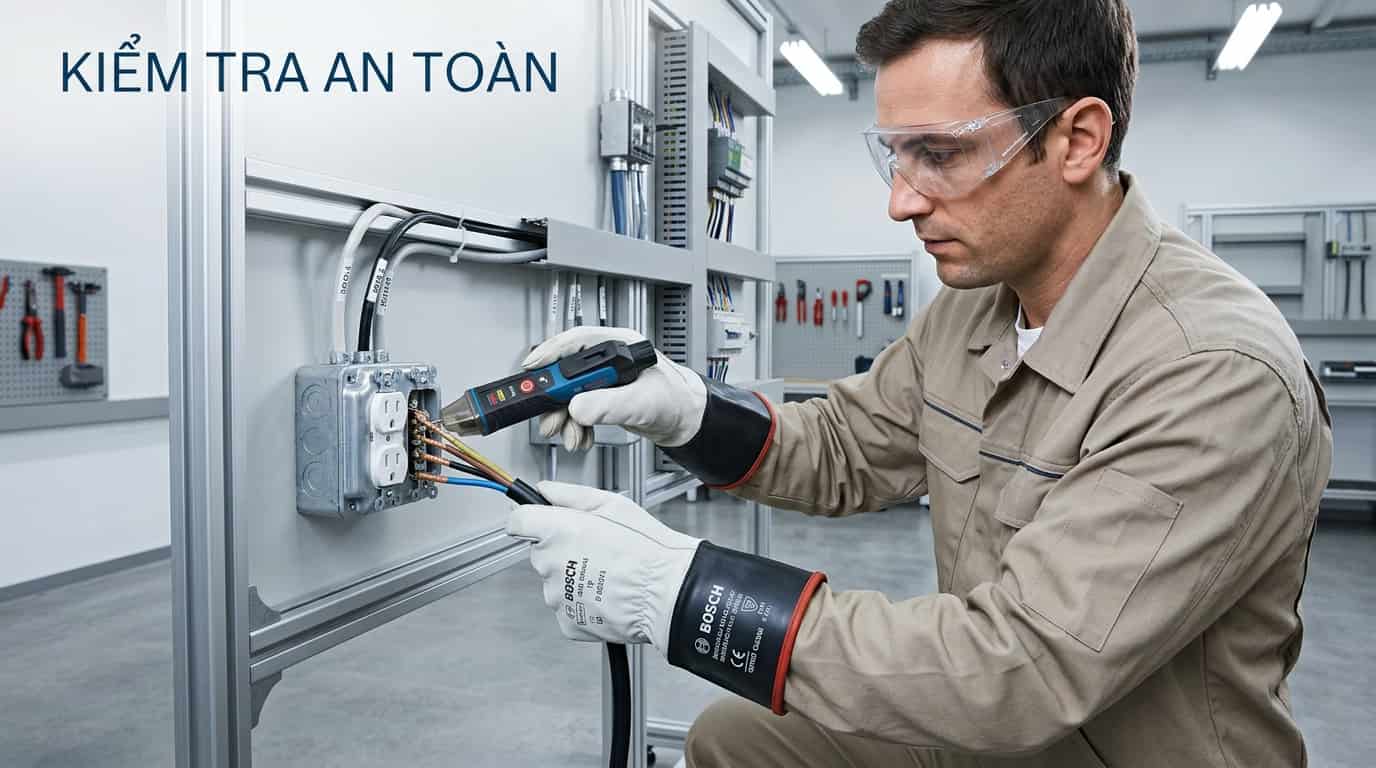 Kỹ thuật viên kiểm tra hệ thống điện bằng bút thử điện trước khi sửa chữa.