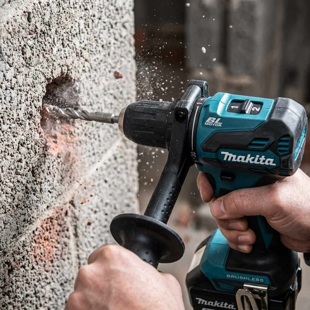 Chế độ khoan búa mạnh mẽ của Makita DHP490 trên tường xi măng