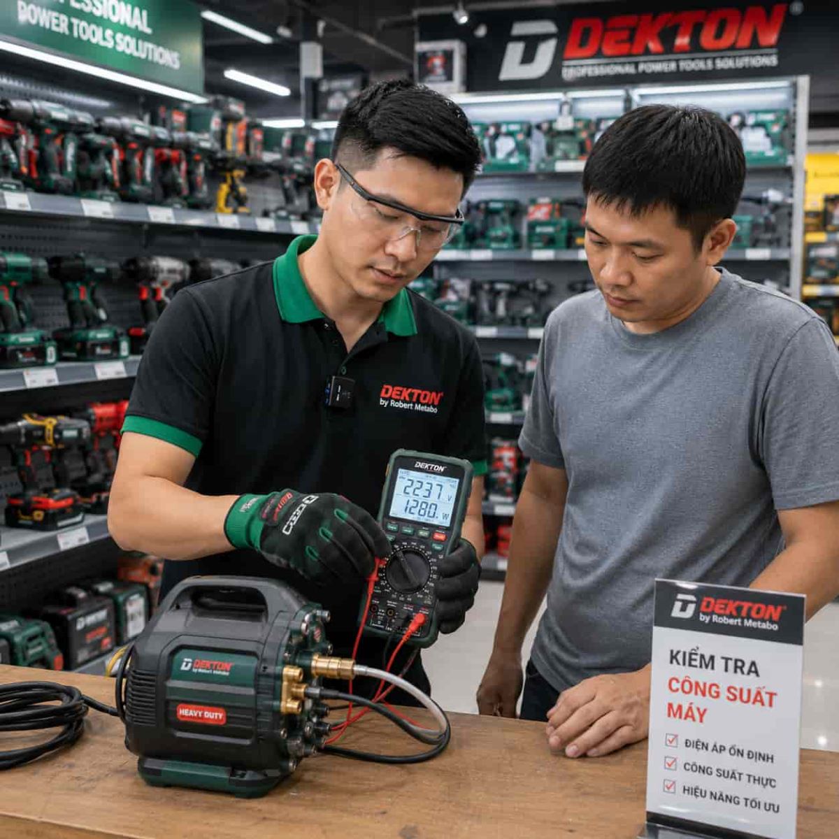 Chuyên gia kỹ thuật hỗ trợ kiểm tra thông số máy móc thực tế tại cửa hàng
