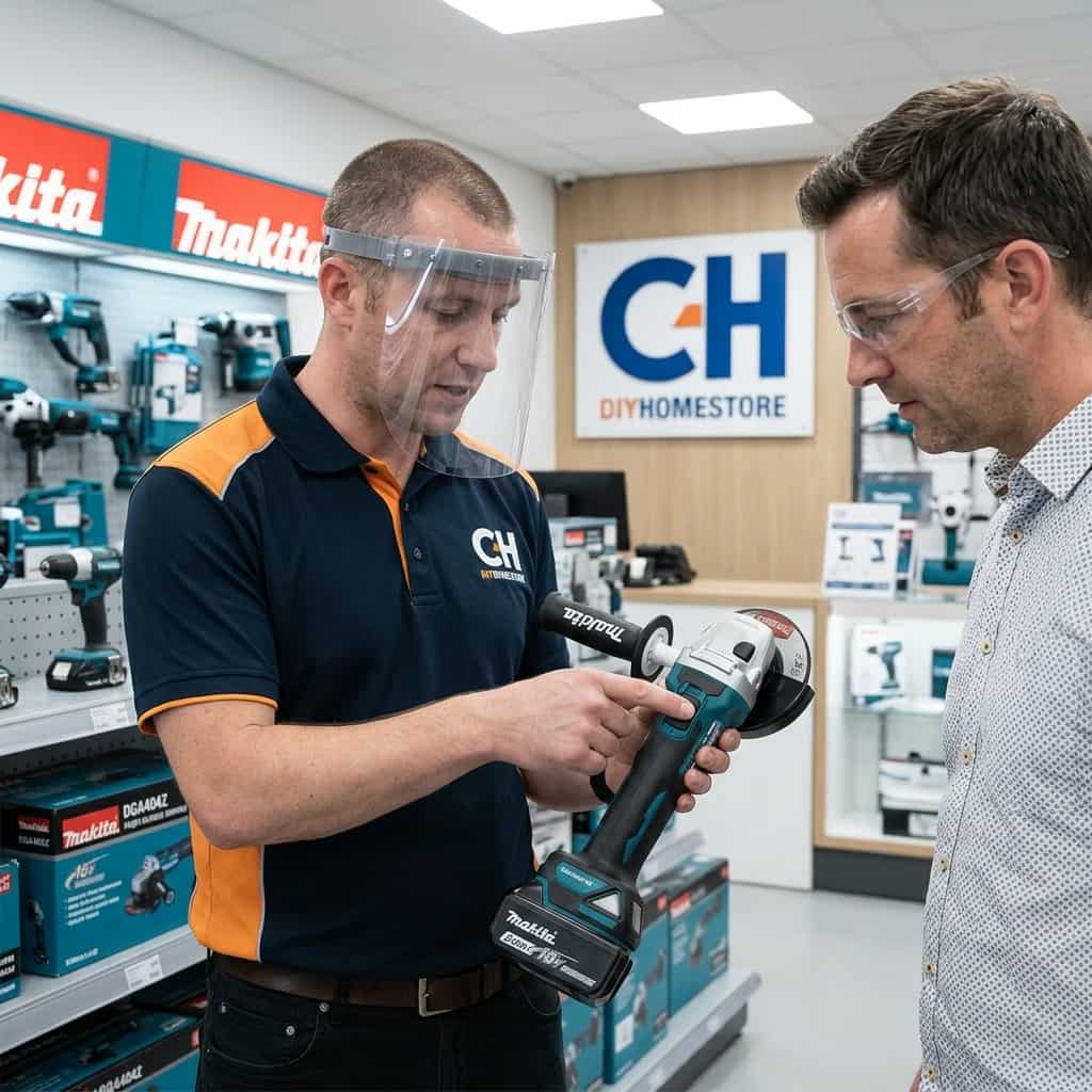 Khách hàng nhận tư vấn và test thử máy mài pin Makita chính hãng tại cửa hàng