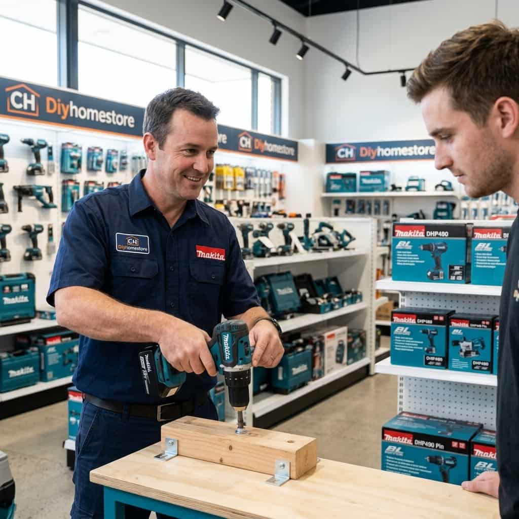 Khách hàng được tư vấn và test tải máy khoan pin Makita tại cửa hàng