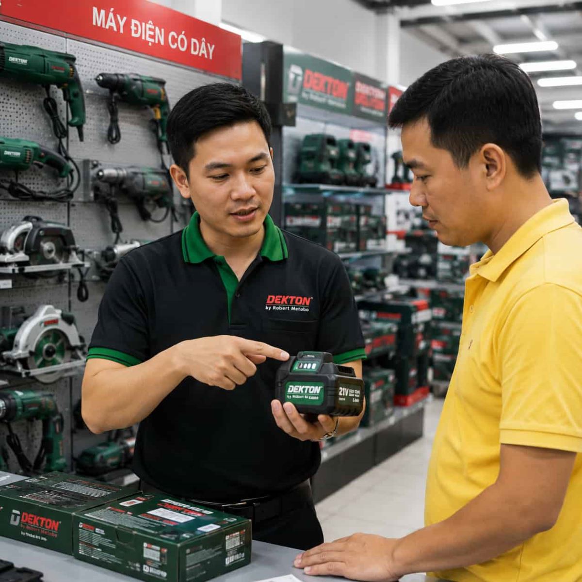 Khách hàng nhận tư vấn phân biệt máy pin và máy điện tại đại siêu thị dụng cụ