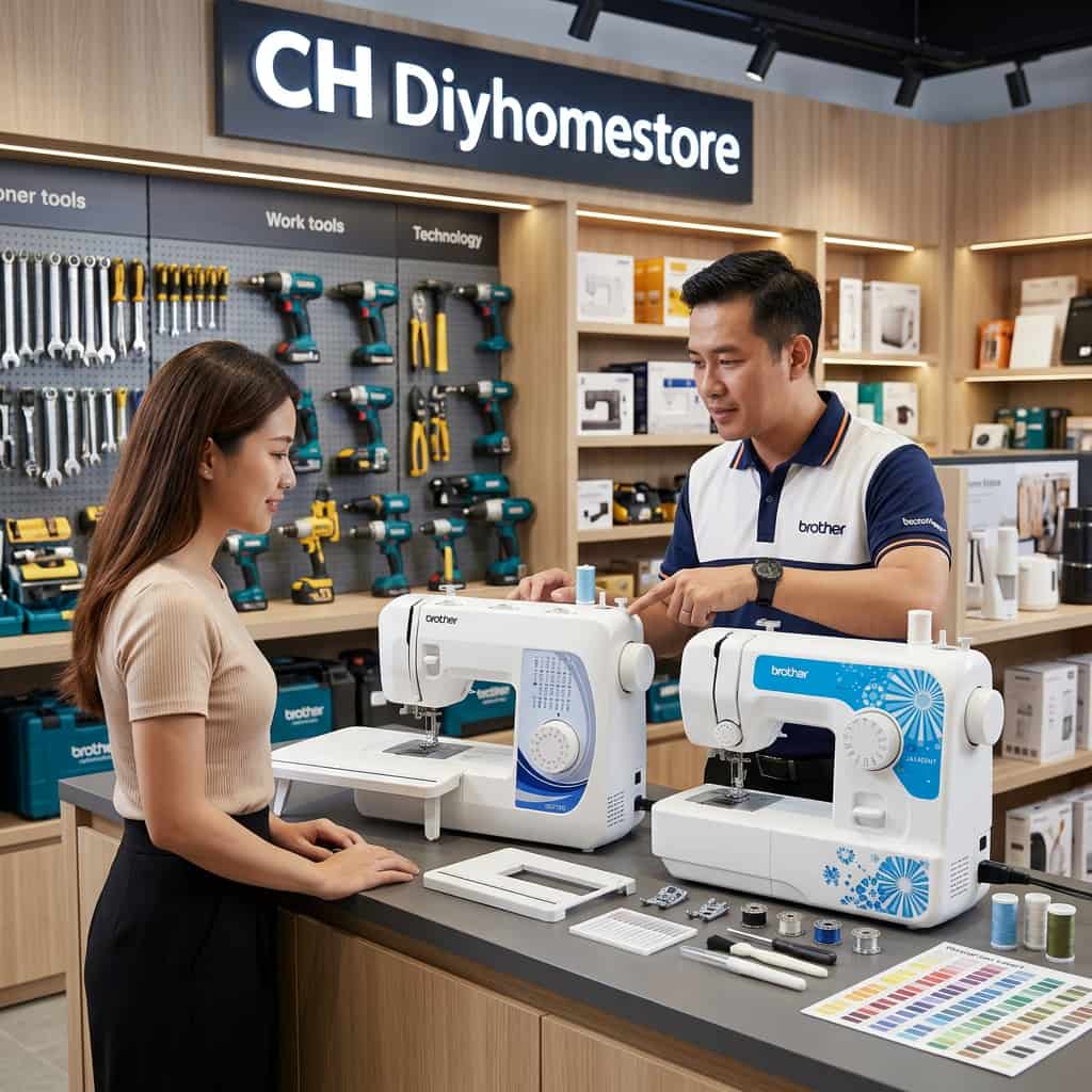 Khách hàng nhận tư vấn so sánh trực quan hai dòng máy may Brother tại cửa hàng