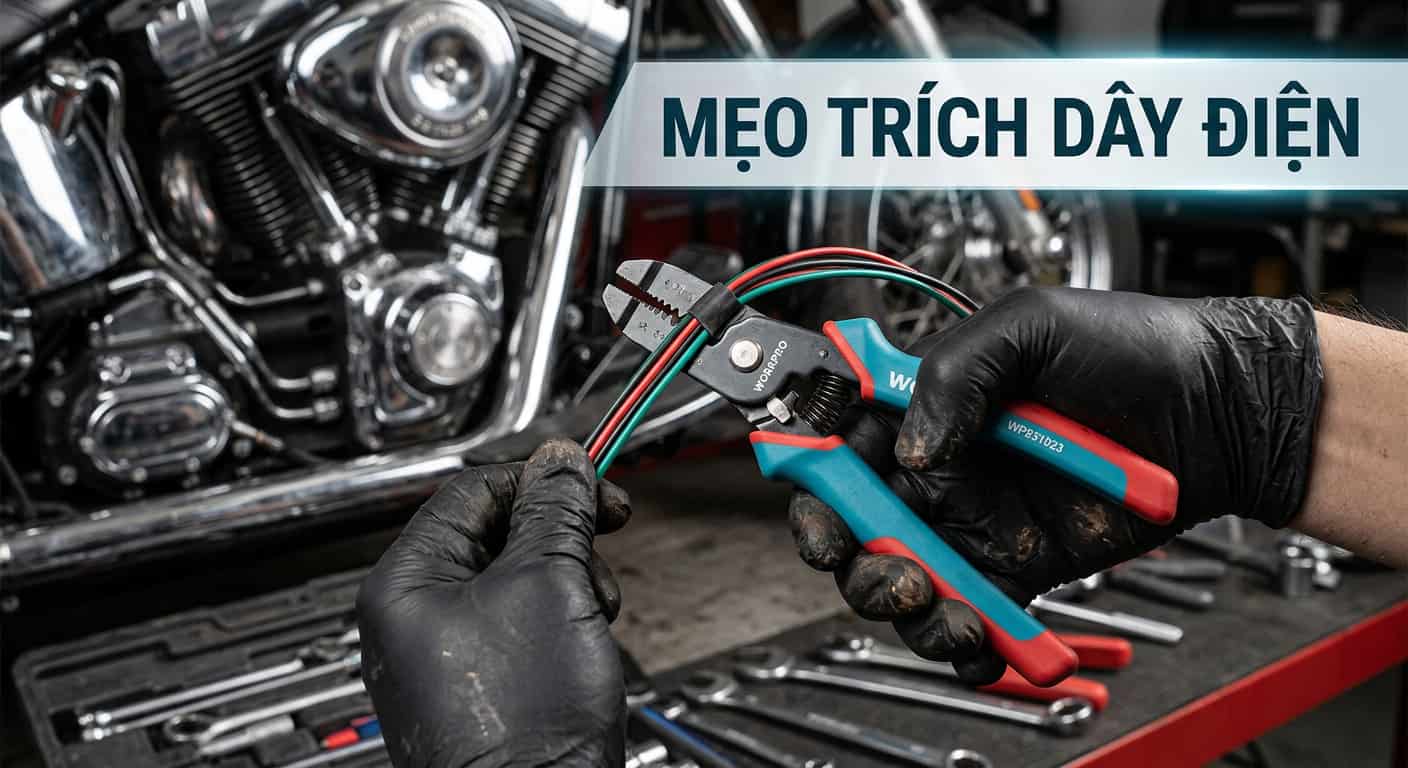 Thao tác tuốt dây điện đúng cách bằng kìm tuốt dây chuyên dụng.