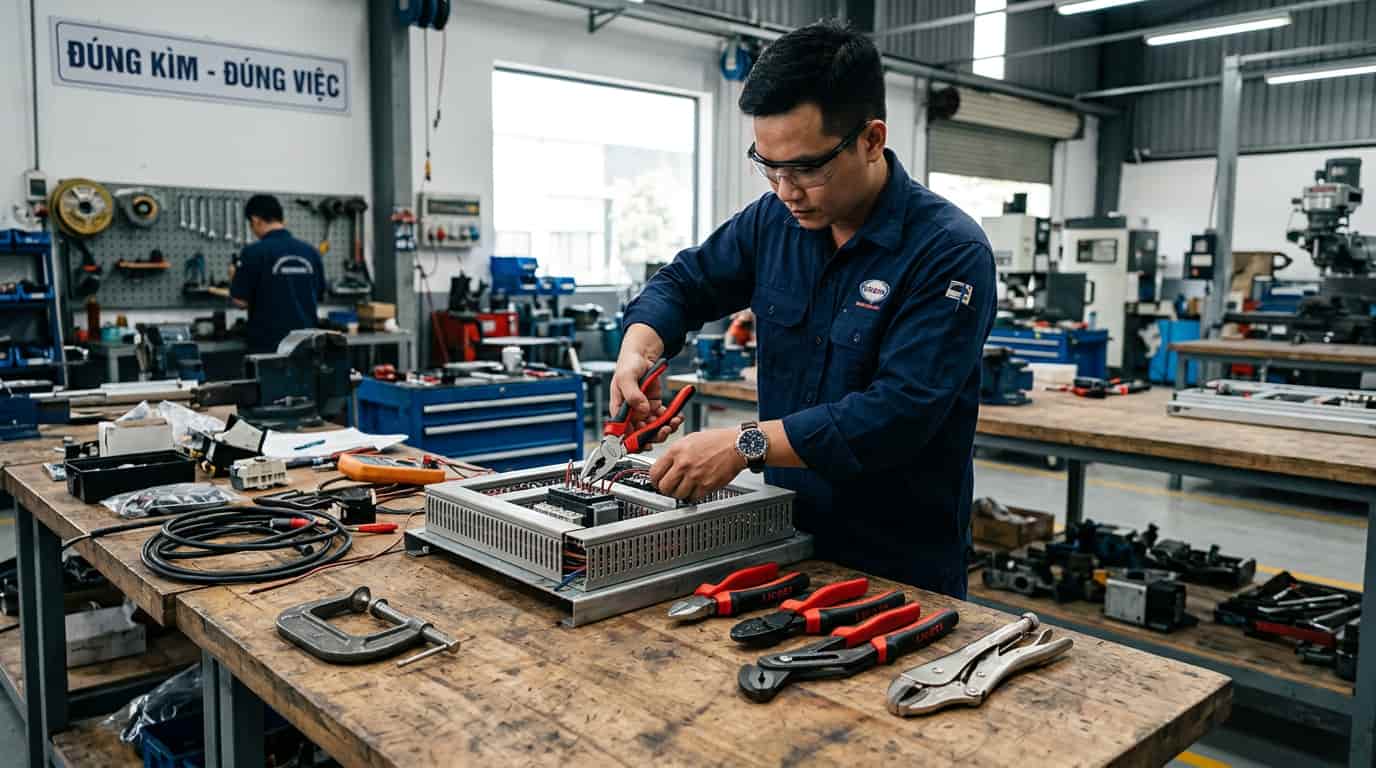 Thợ kỹ thuật sử dụng nhiều loại kìm khác nhau trong công việc.