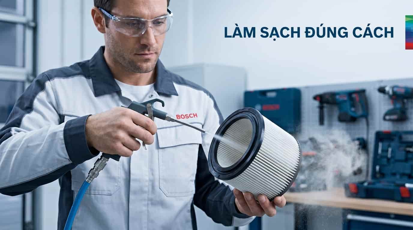 Vệ sinh đúng kỹ thuật giúp bảo vệ vật liệu lọc và duy trì lực hút mạnh cho Bosch GAS 15