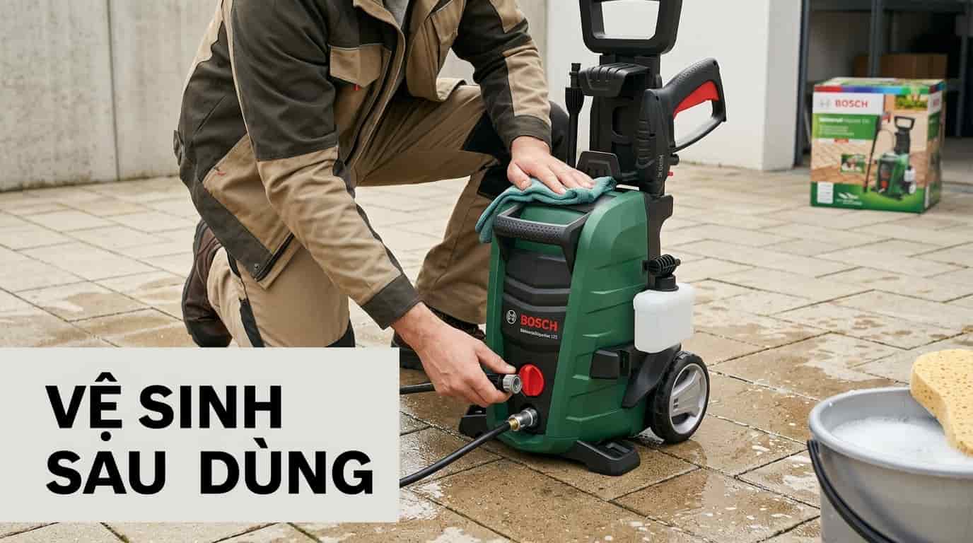Vệ sinh đầu phun và lưới lọc định kỳ giúp Bosch AQT 125 duy trì áp lực nước ổn định