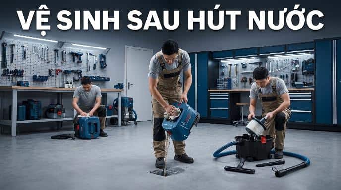 Làm sạch và làm khô Bosch GAS 15 sau khi hút nước giúp hạn chế mùi hôi, nấm mốc và duy trì lực hút ổn định