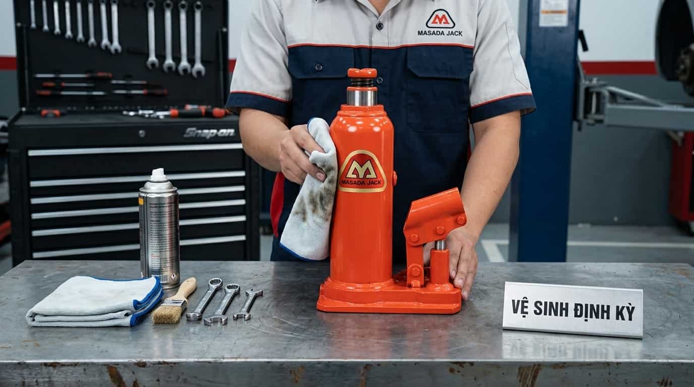 Kỹ thuật viên vệ sinh con đội thủy lực sau khi sử dụng.