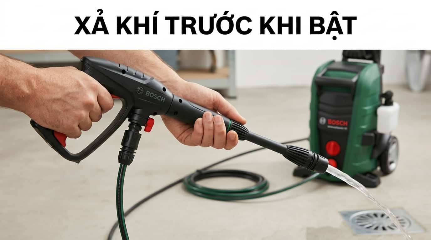 Thực hiện xả khí trước khi khởi động giúp Bosch AQT 125 đạt áp lực ổn định ngay từ đầu.