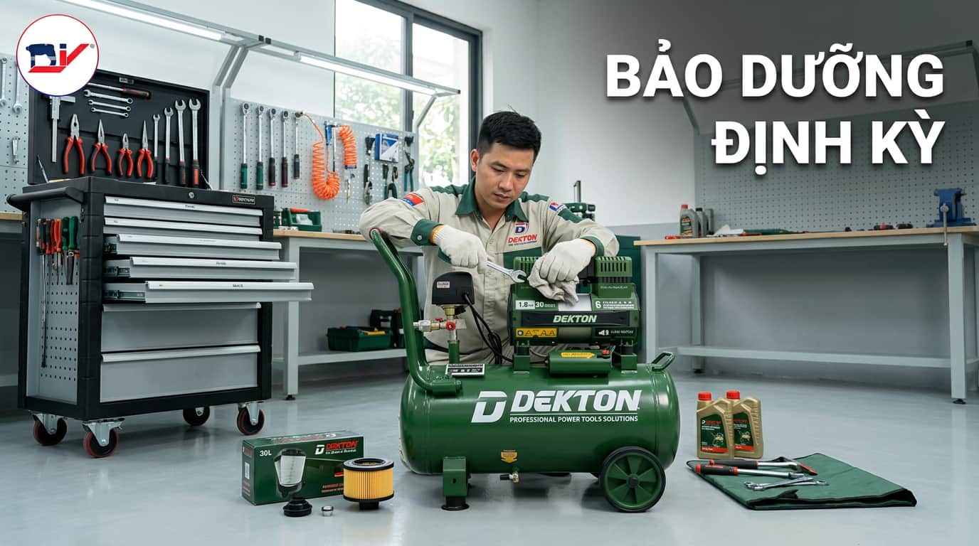 Kỹ thuật viên bảo dưỡng máy nén khí và kiểm tra hệ thống van.