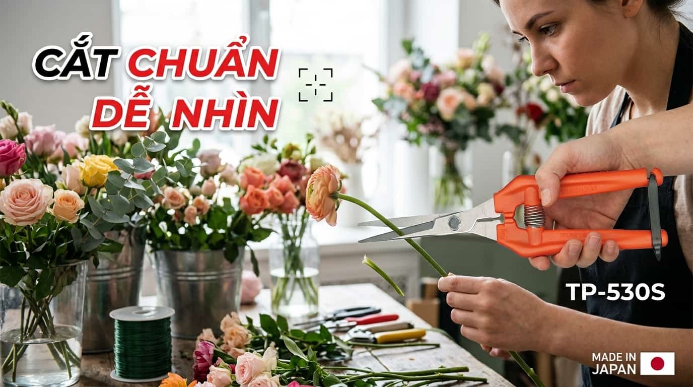 Florist sử dụng kéo thẳng để cắt hoa