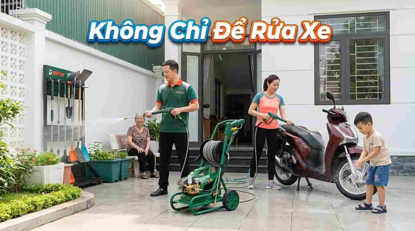 Người dùng sử dụng máy rửa xe gia đình cho nhiều công việc vệ sinh khác nhau