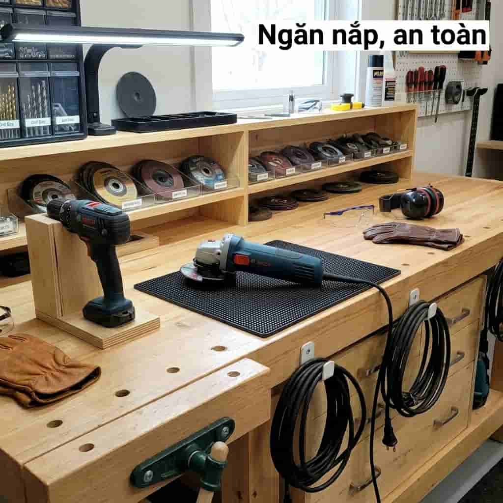 Khu vực làm việc gọn gàng khi sử dụng máy khoan và máy mài