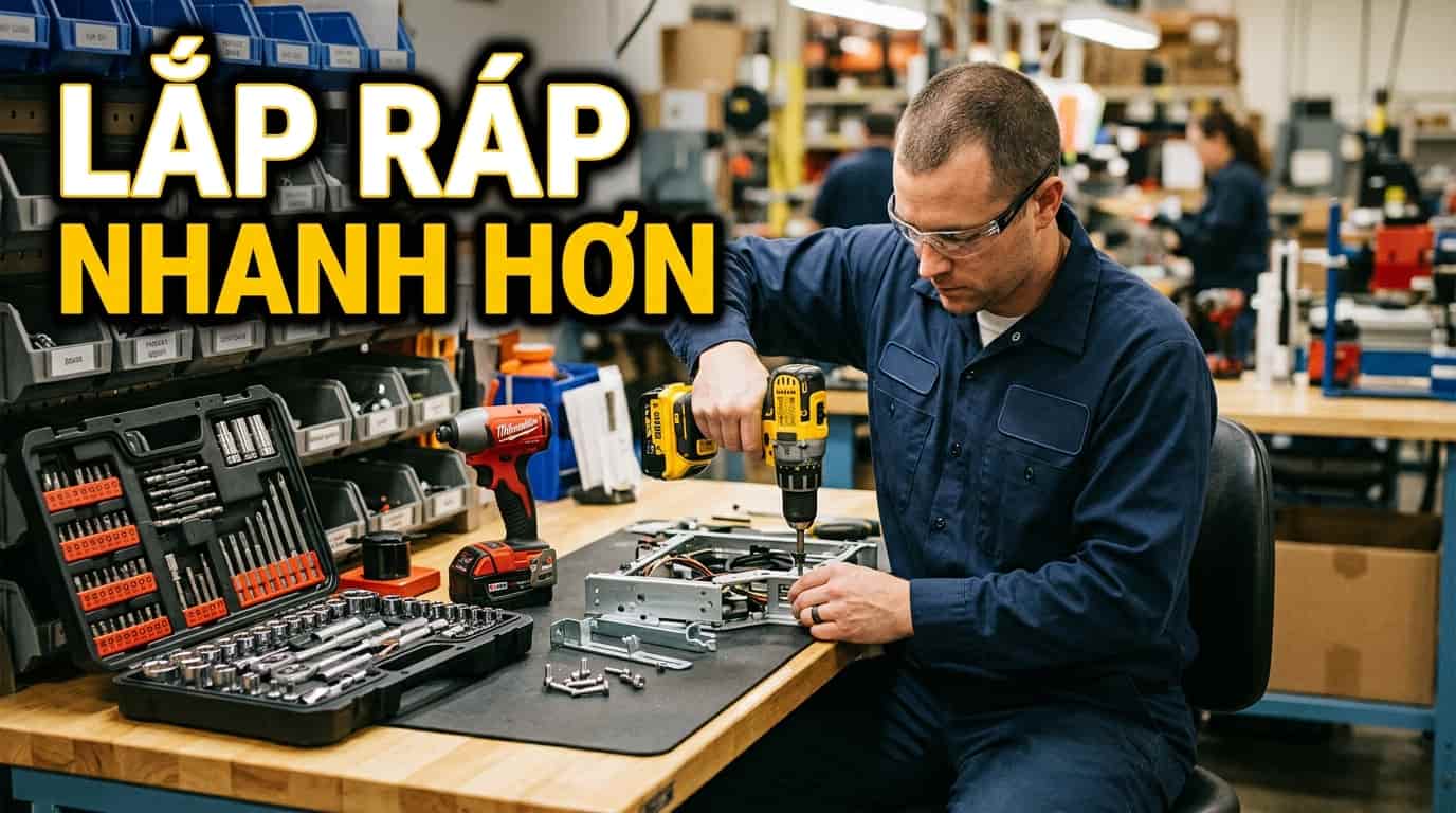 Khu vực lắp ráp trong workshop được trang bị đầy đủ dụng cụ