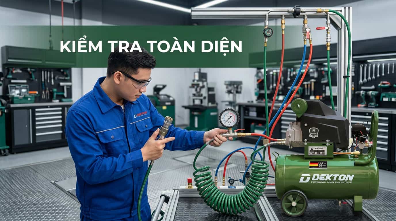 Kiểm tra toàn bộ hệ thống máy nén khí trong quá trình bảo dưỡng.