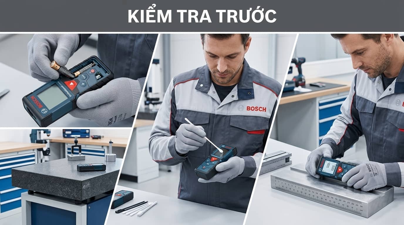 Kiểm tra máy đo laser Bosch trước khi bắt đầu công việc.