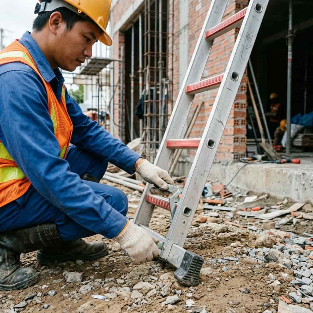 Người dùng kiểm tra khóa thang và chân thang trước khi làm việc