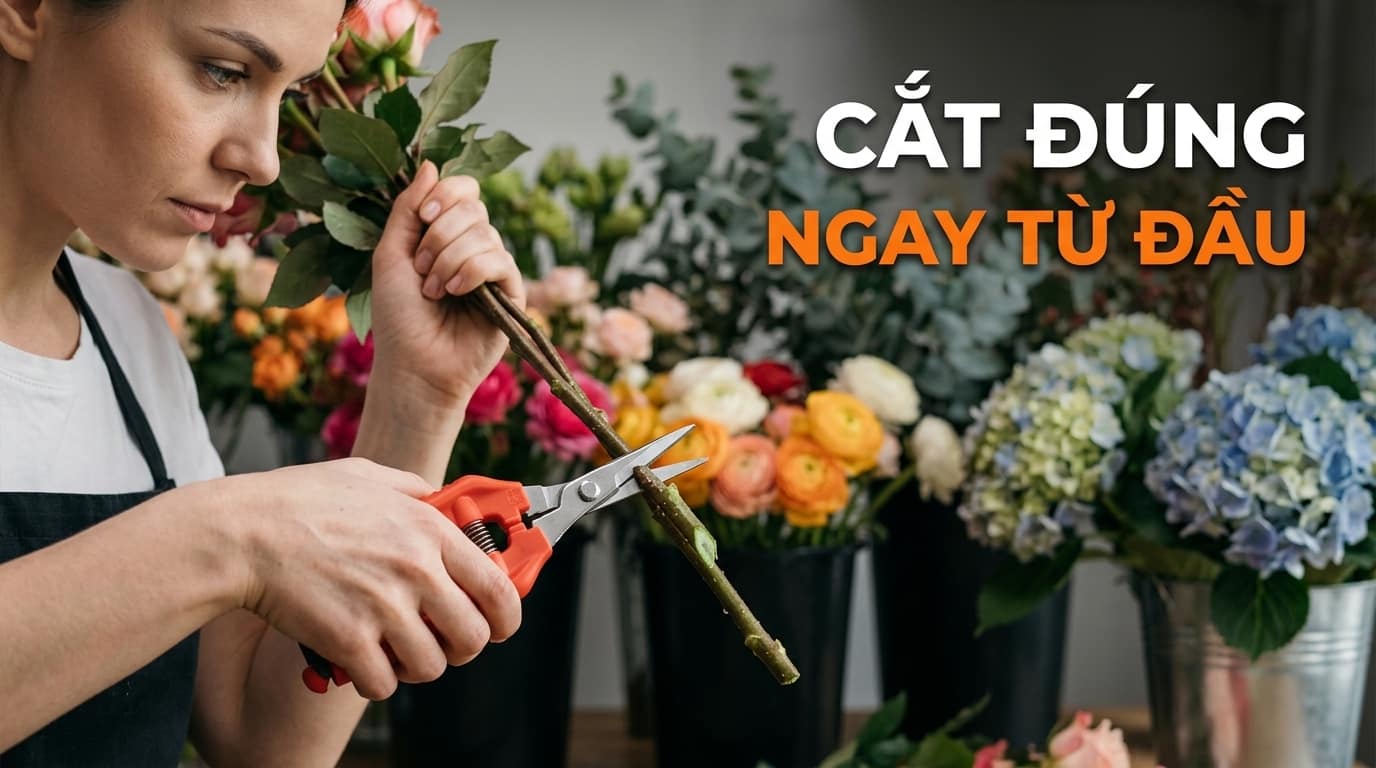 Florist thực hiện kỹ thuật cắt hoa đúng cách