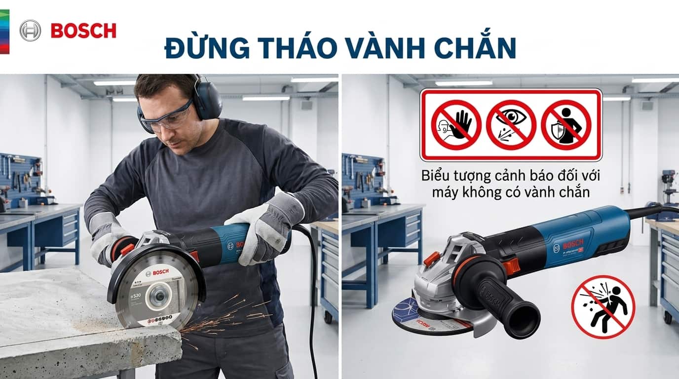 Vành chắn bảo vệ là bộ phận quan trọng giúp giảm nguy cơ chấn thương khi sử dụng máy mài góc.