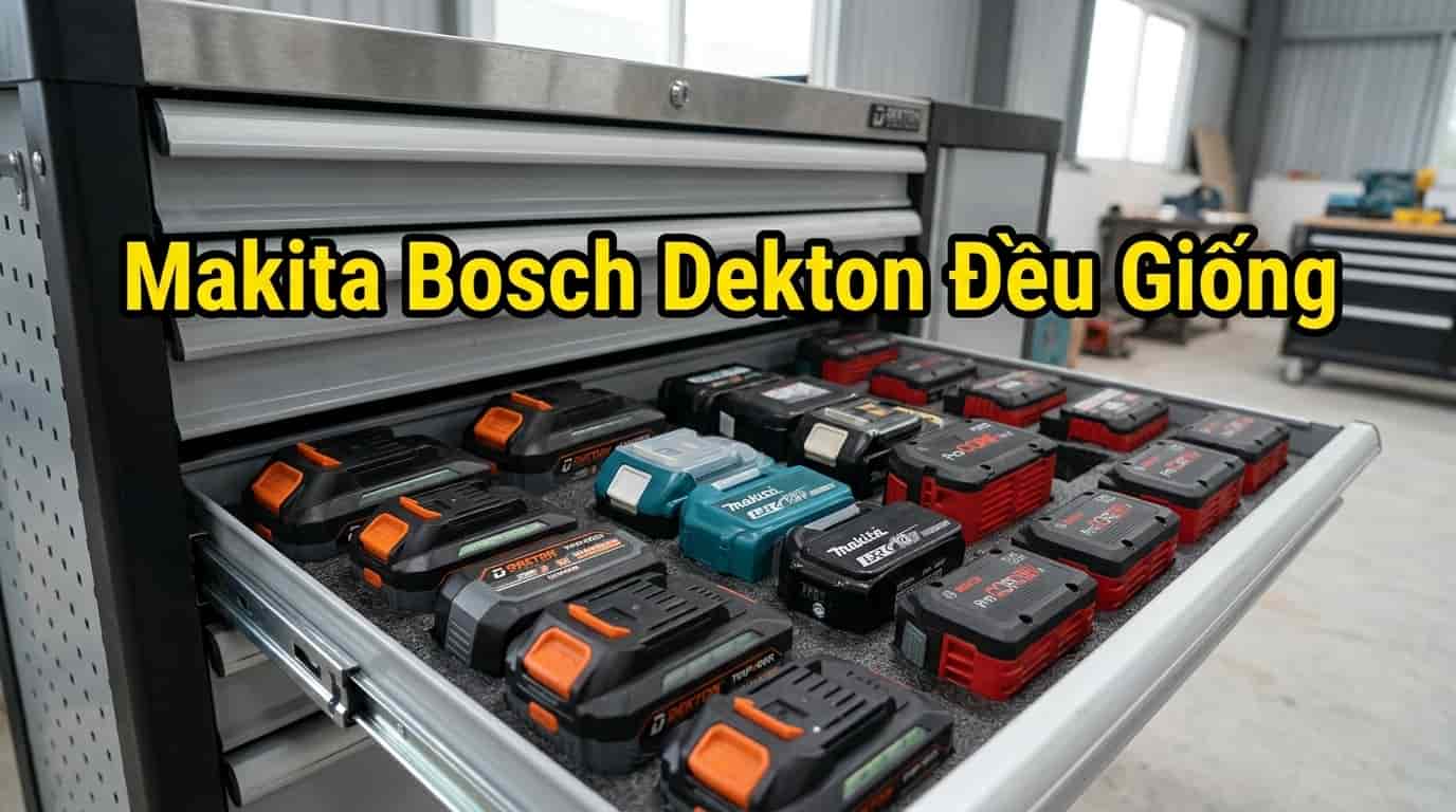 Các bộ pin Makita Bosch Dekton được bảo quản đúng cách trong tủ dụng cụ