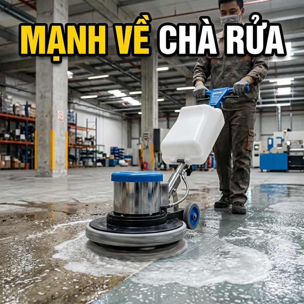 Máy chà sàn đơn đang làm sạch khu vực nhà xưởng