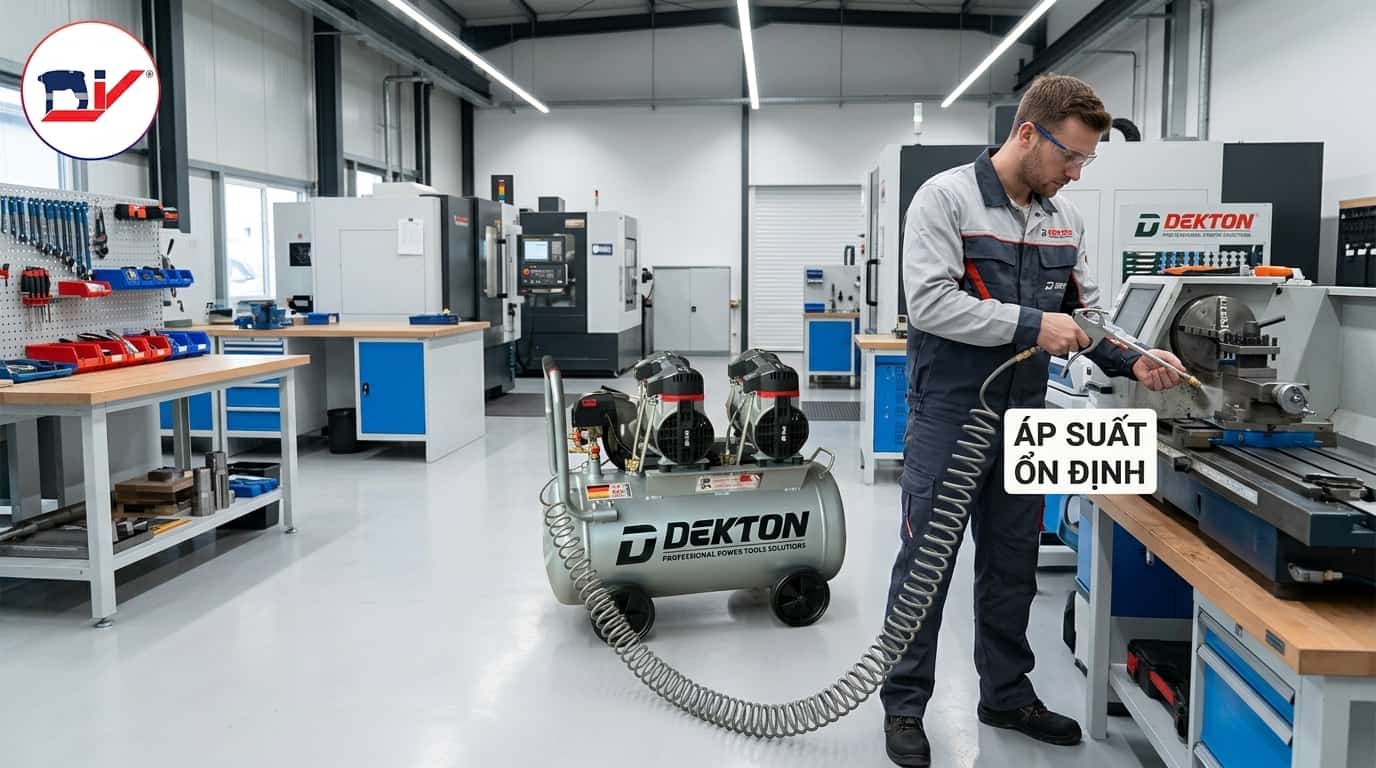  Máy nén khí có bình chứa đang vận hành trong workshop.