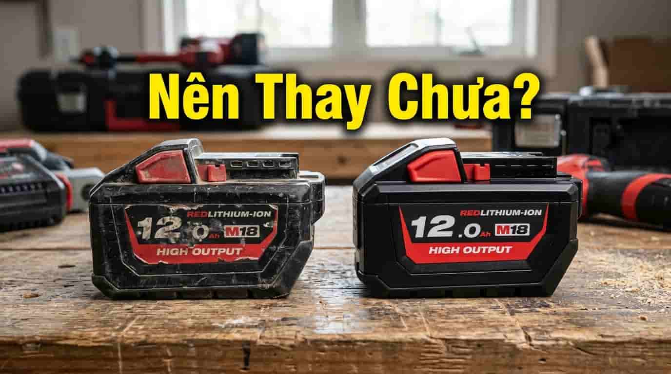 Người dùng so sánh pin Lithium cũ và pin mới trước khi thay thế