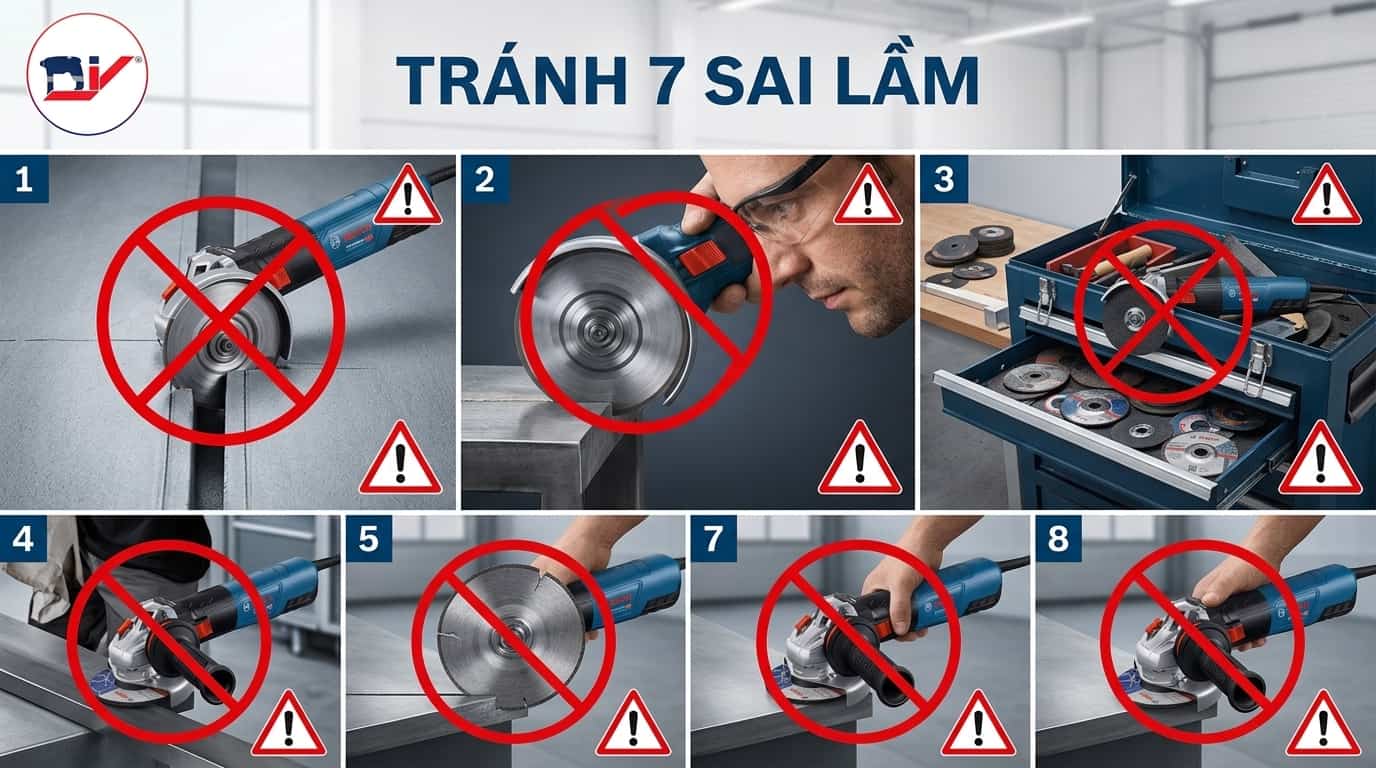 Tránh các thao tác sai giúp giảm nguy cơ phản lực và kéo dài tuổi thọ máy mài góc.
