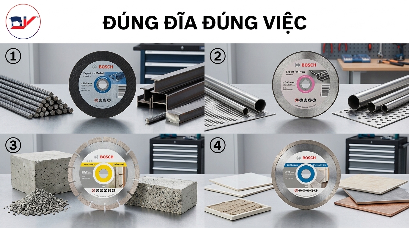 Mỗi vật liệu cần sử dụng đúng loại đĩa cắt để đạt hiệu quả và độ an toàn cao.