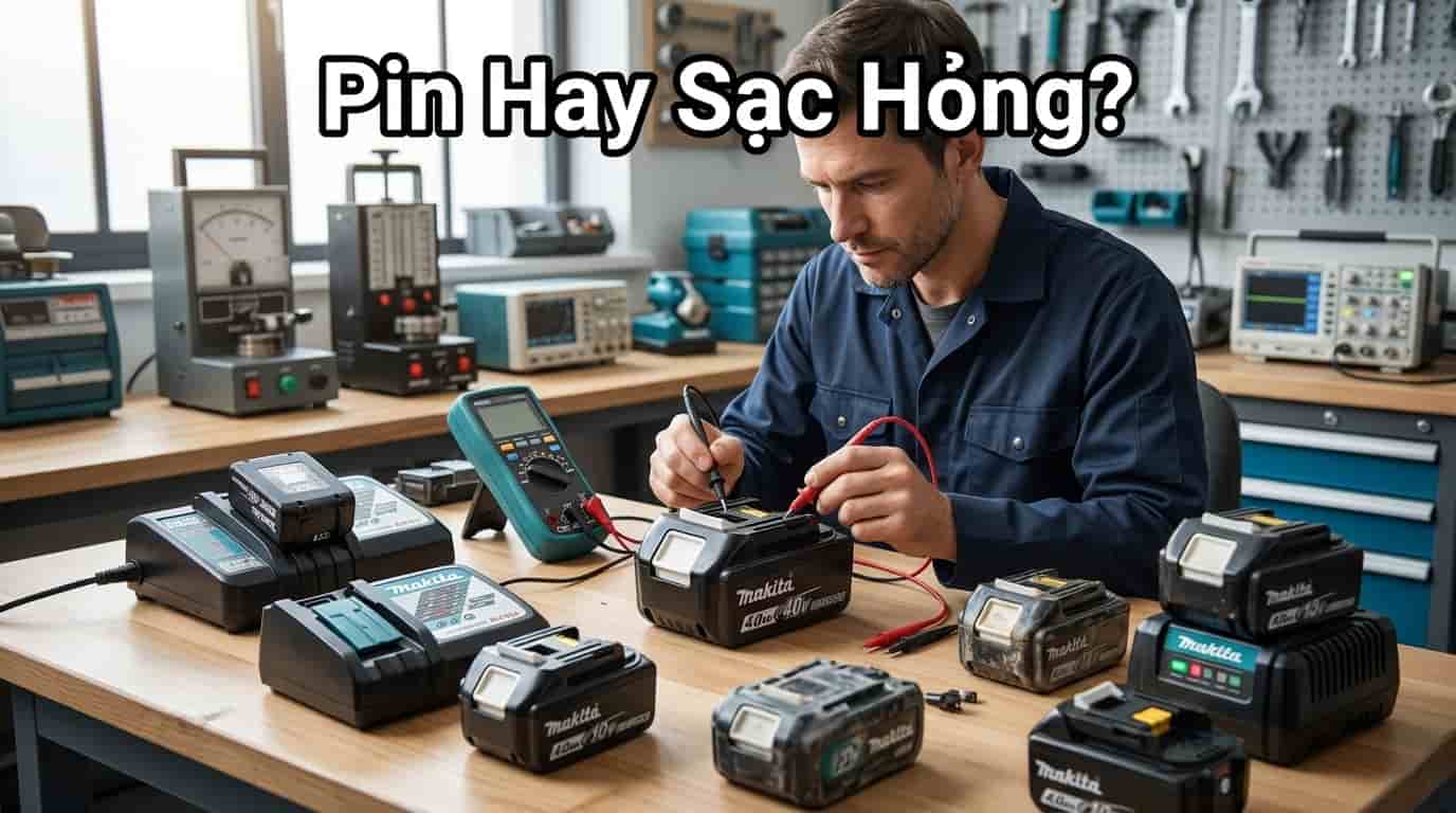 Kỹ thuật viên kiểm tra chéo pin và bộ sạc để xác định lỗi