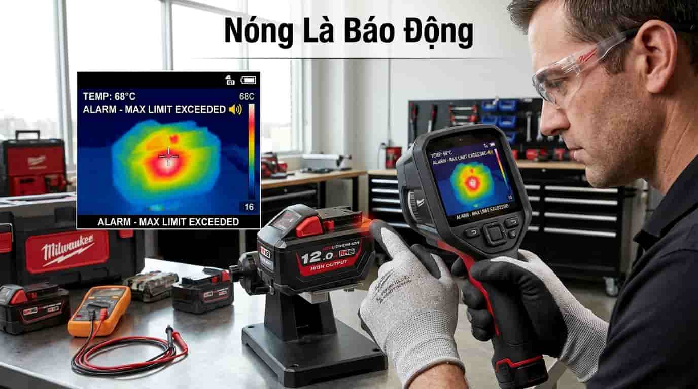 Kỹ thuật viên kiểm tra nhiệt độ bộ pin Lithium bằng thiết bị đo nhiệt