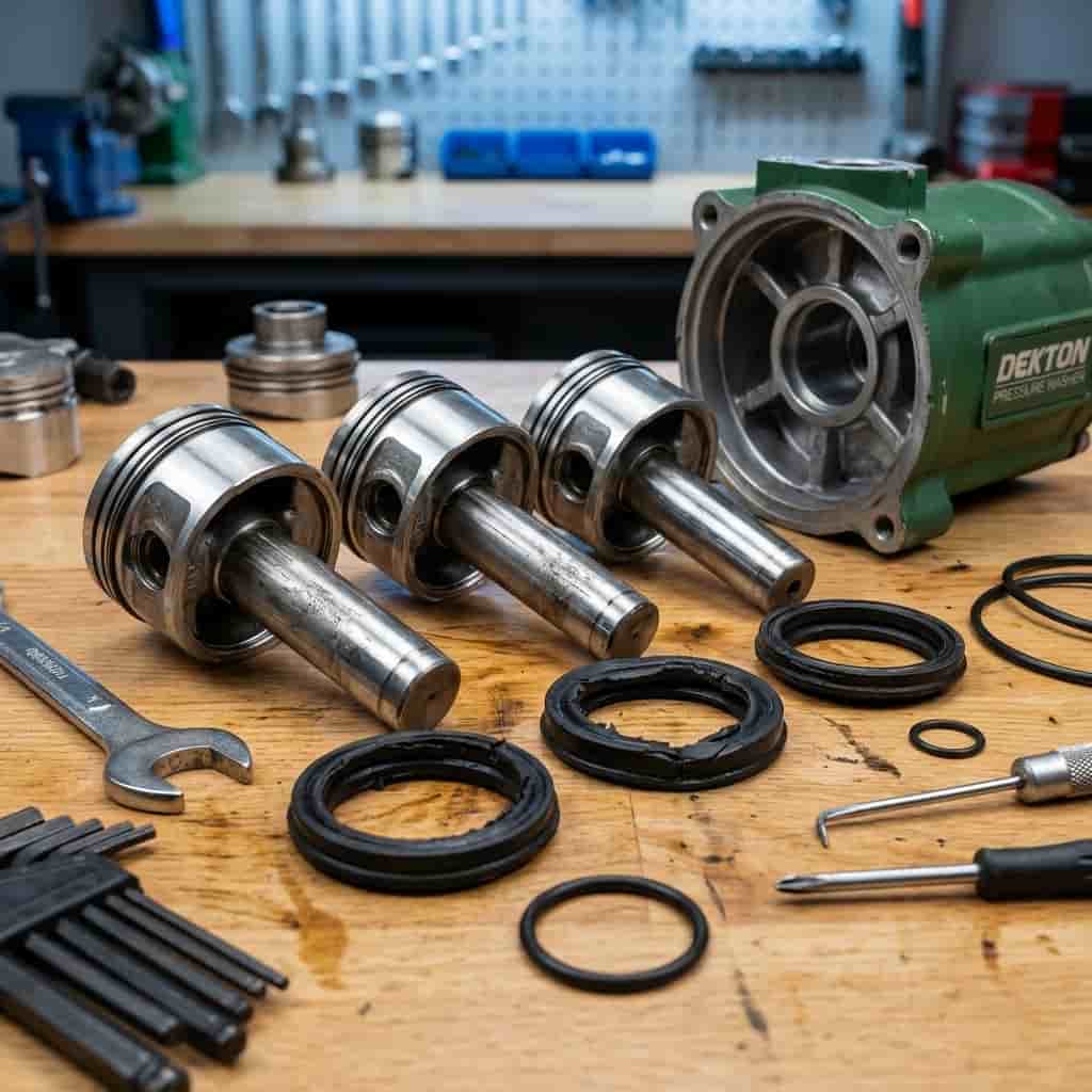 Hệ thống piston và phớt cao su bên bên trong đầu bơm máy rửa xe Dekton
