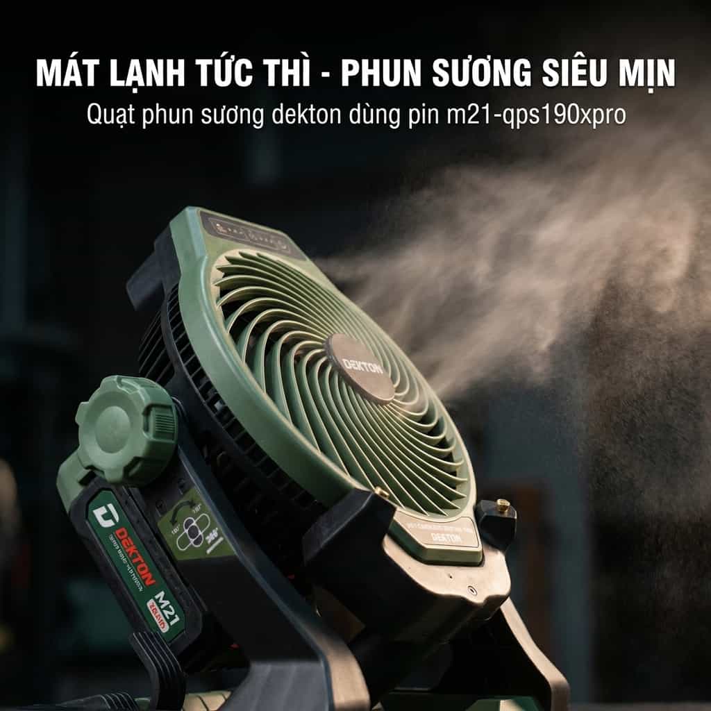 Quạt phun sương Dekton M21-QPS190XPRO dùng pin phun suong mát lạnh