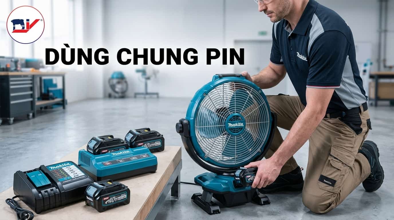 Quạt pin dùng chung hệ pin giúp tiết kiệm chi phí và tăng tính linh hoạt khi làm việc.