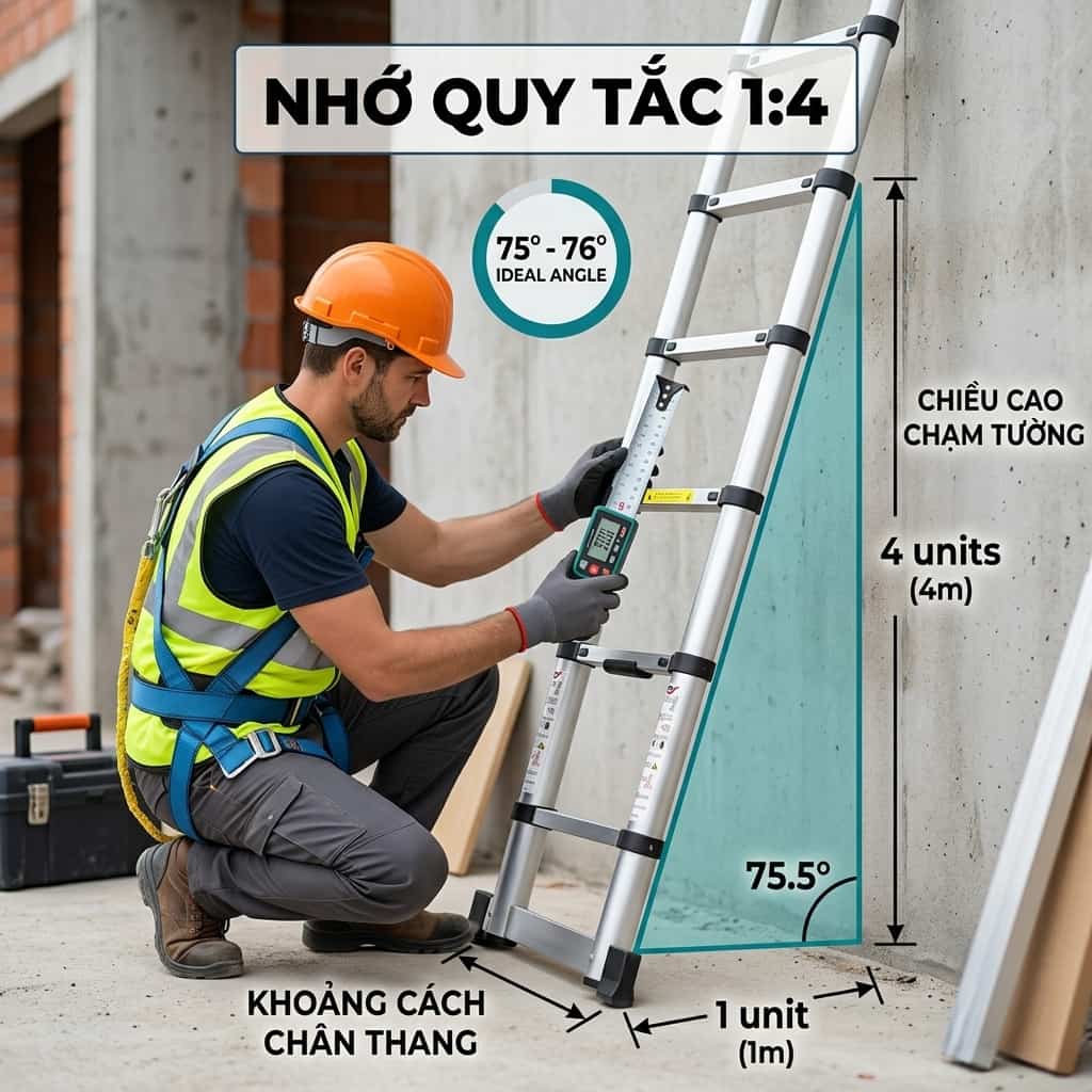 Minh họa quy tắc đặt thang nhôm theo tỷ lệ 1 trên 4
