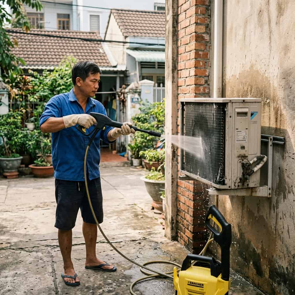 Vệ sinh dàn nóng điều hòa bằng máy rửa xe áp lực phù hợp