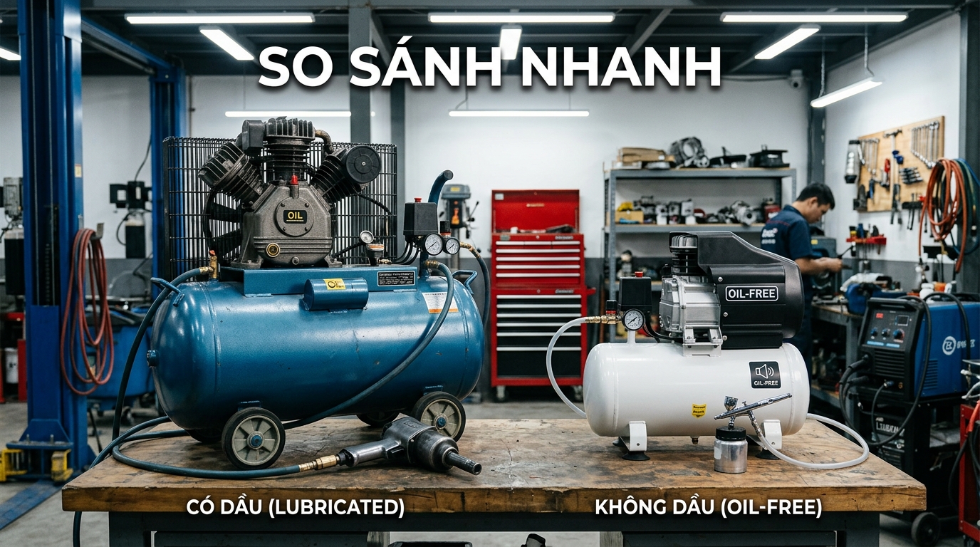 So sánh máy nén khí có dầu và không dầu cho tiệm rửa xe.