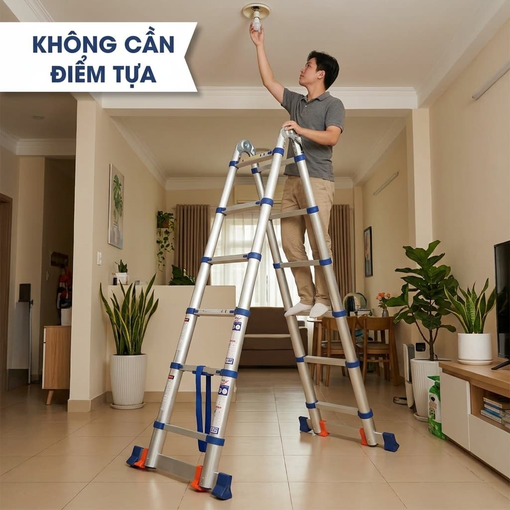 Người dùng sử dụng thang nhôm chữ A để sửa chữa trong gia đình