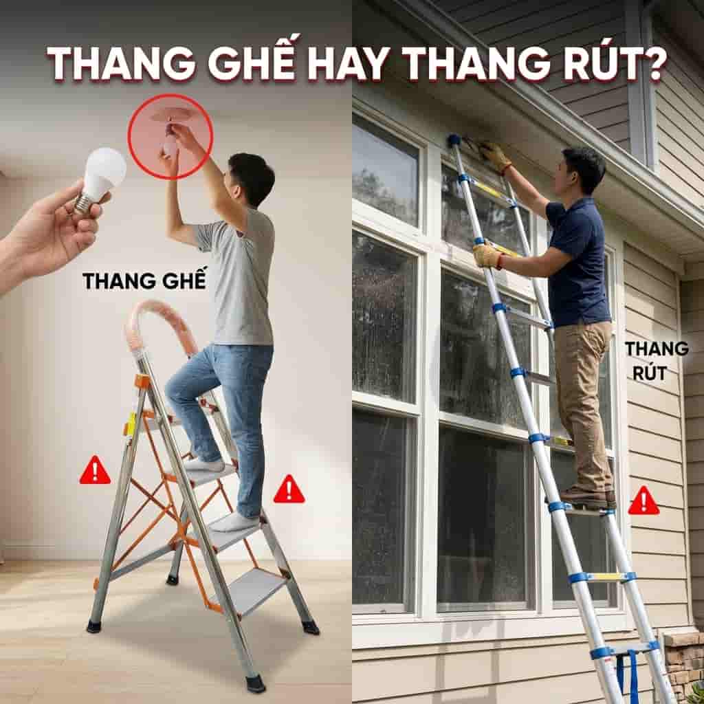 So sánh thang ghế và thang rút cho gia đình
