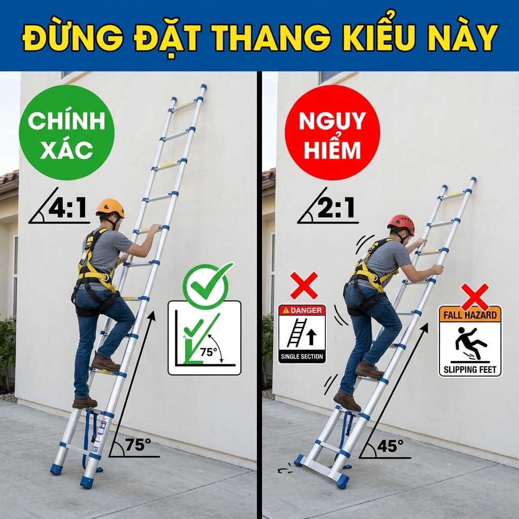 So sánh thang nhôm đặt đúng góc và sai góc an toàn