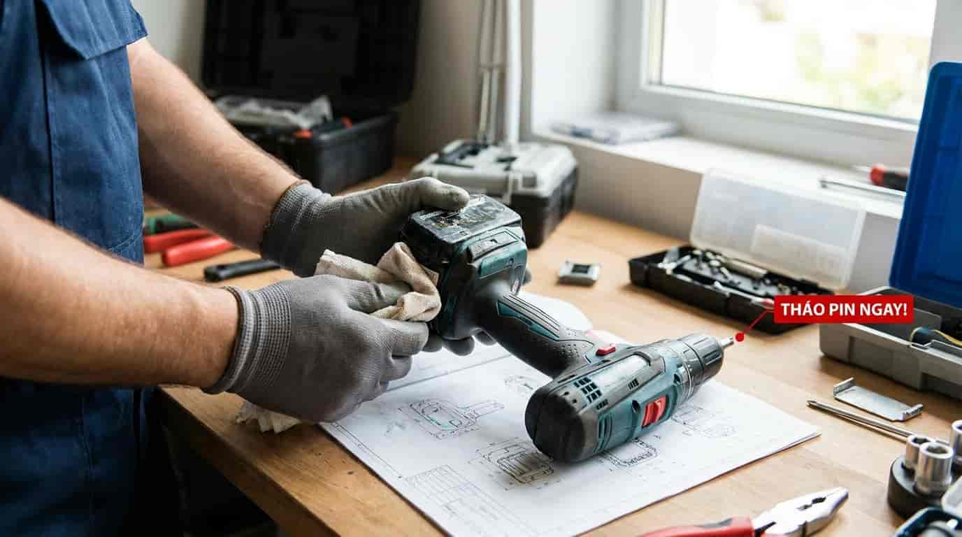 Tháo pin khỏi máy khoan bị dính nước