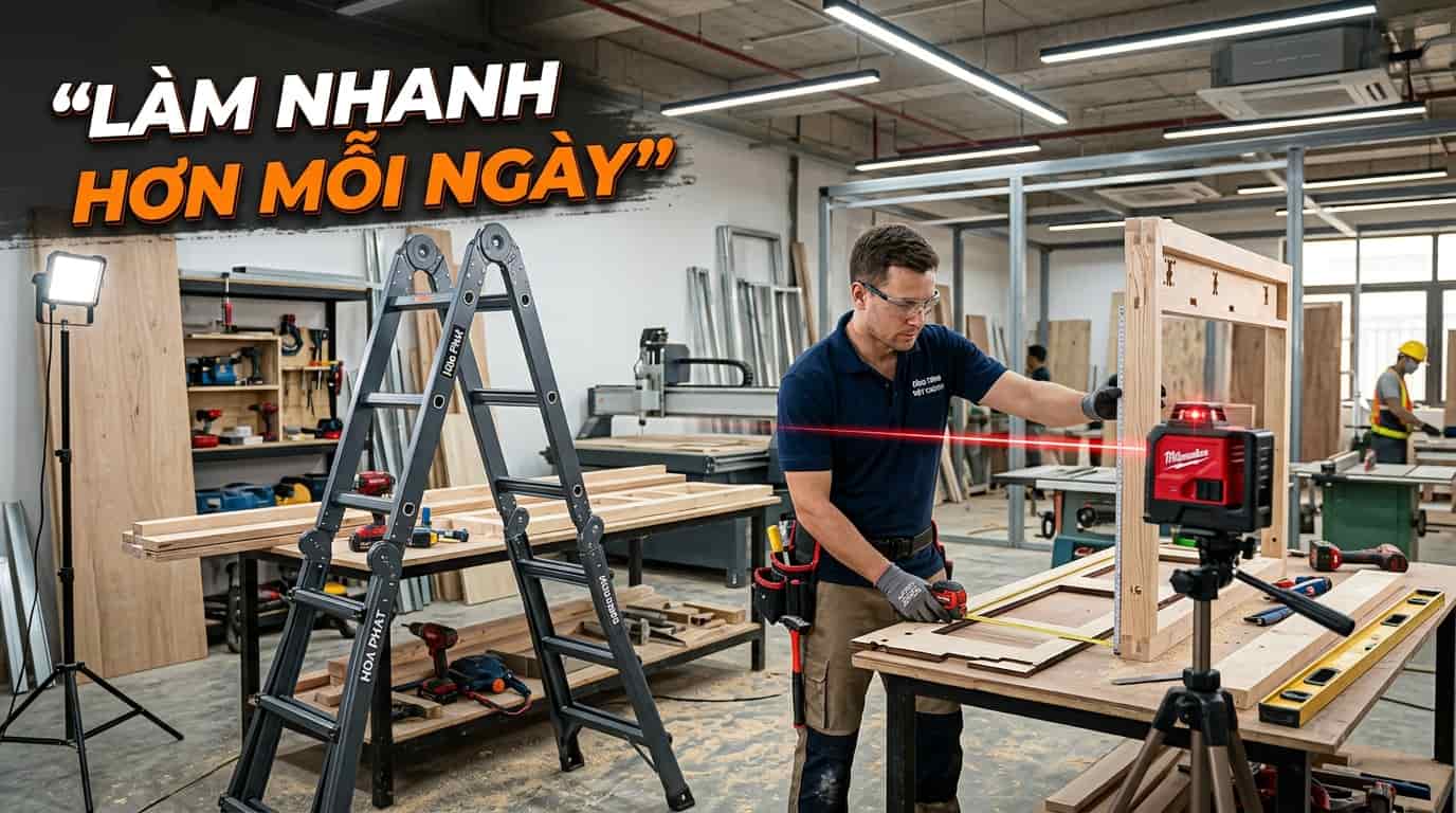 Đèn làm việc, thước laser và thang nhôm hỗ trợ tăng năng suất