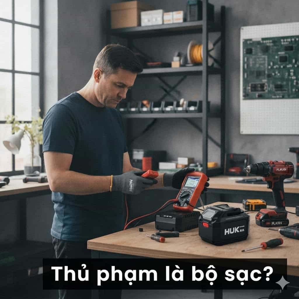 Kỹ thuật viên kiểm tra bộ sạc pin máy khoan đang hoạt động bất thường